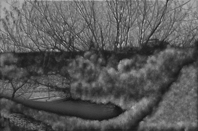 The same photograph. The mass covers the bushes and most of the bank; only the water and the upper branches remain.